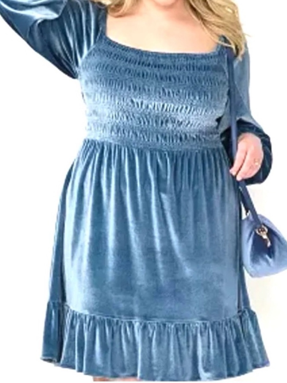 LC Lauren Conrad Smocked Flounce-Hem Blue Velvet Dress XL